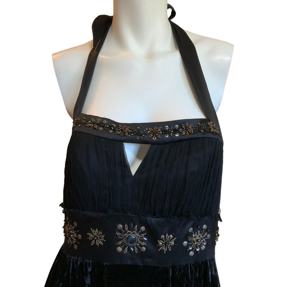 Sue Wong Nocturne Black Velvet Silk Crepe Beaded Halter Dress sz 10 - Picture 7 of 12